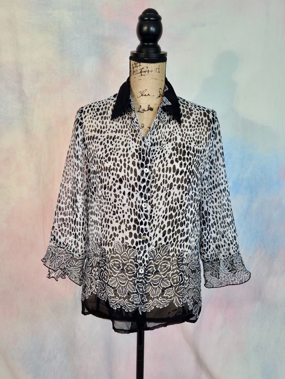 Y2K sheer patterned blouse with bell sleeves size medium
